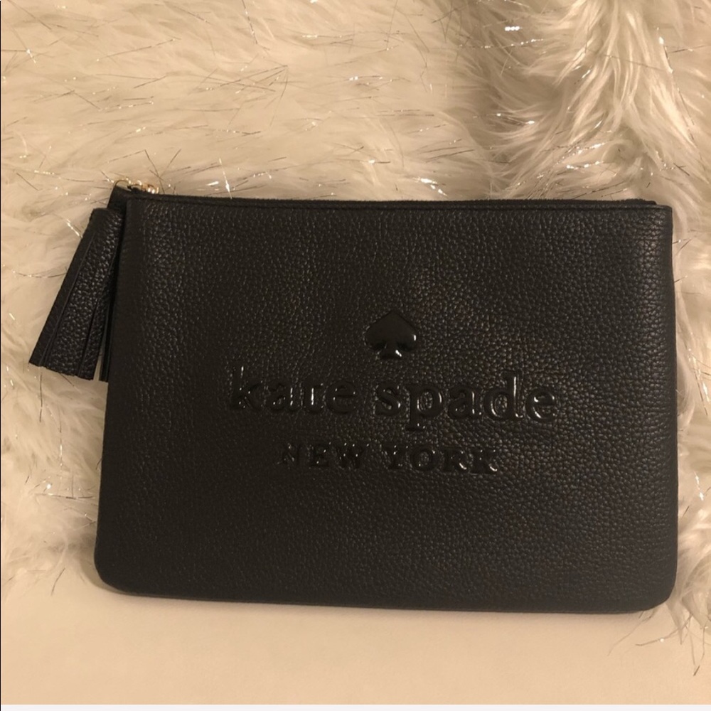 New KATE SPADE ♠️ Black Large Leather Tassel Pouch - Picture 4 of 8